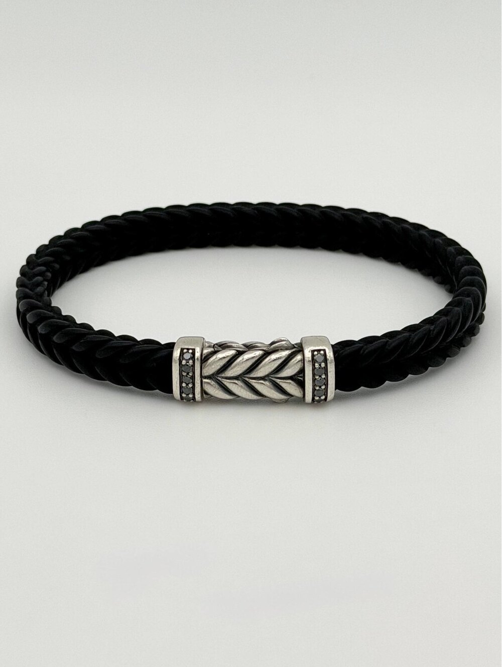 David Yurman Braided Leather Bracelet Silver Black SpinL